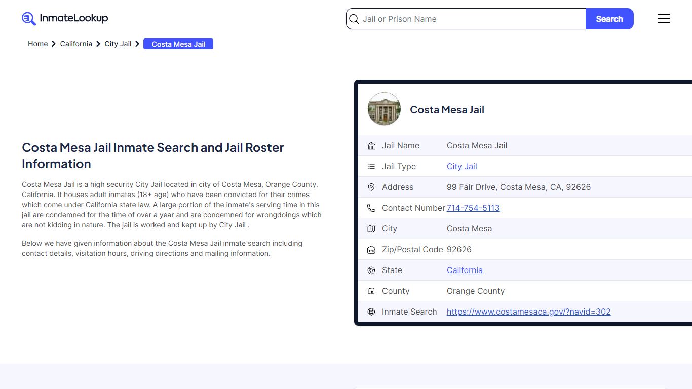 Costa Mesa Jail Inmate Search - Costa Mesa California - Inmate Lookup